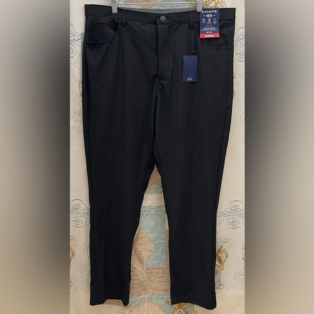 New Chaps Mens 38/32 Solid black dress pants pockets zip Semi Formal Stretch Big